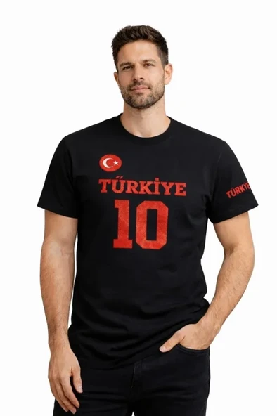 Erkek TÜRKİYE Ay Yıldız Baskılı 10 Numara Forma Tişört Taraftar T-Shirt - Siyah ürün görseli 1
