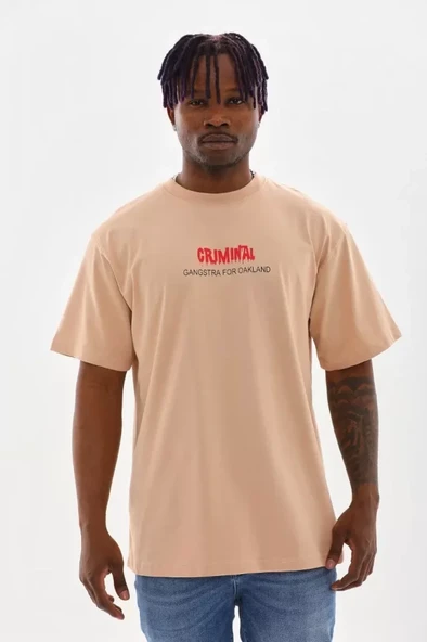 Unisex Baskılı Oversize T-Shirt - Bej ürün görseli 1
