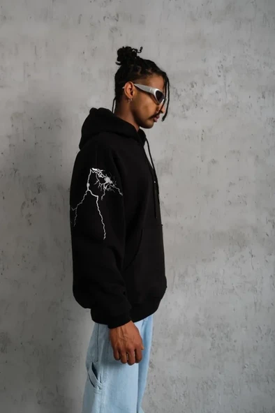 Erkek Maske Baskılı Kapüşonlu Sweat - Siyah - Resim 3
