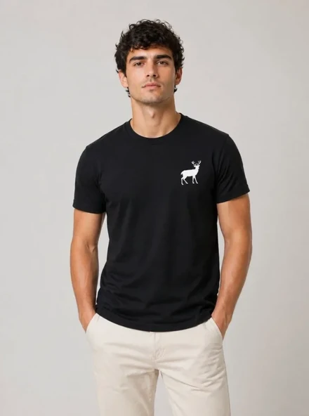 Erkek Minimal Geyik Logolu Tişört Bisiklet Yaka Kısa Kol Yazlık T-Shirt - Siyah ürün görseli 1