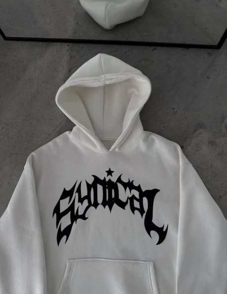 Üç İplik Kapşonlu Baskılı Oversize SweatShirt-  Beyaz ürün görseli 1