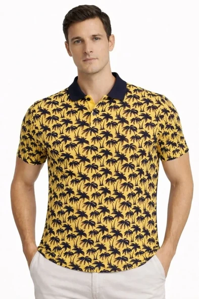 Erkek Pike Kumaş Polo Yaka Palmiye Desenli Tişört Kısa Kol Yazlık T-Shirt - Sarı ürün görseli 1