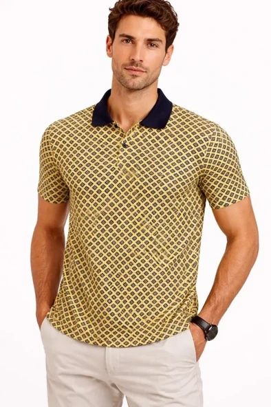 Erkek Pike Kumaş Polo Yaka Desenli Tişört Kısa Kol Yazlık T-Shirt - Sarı ürün görseli 1