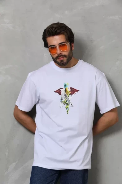 Unisex Bisiklet Yaka Baskılı Oversize T-Shirt - Beyaz ürün görseli 1
