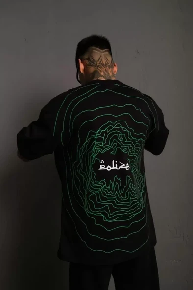 Erkek Bisiklet Yakalı Sırt Baskılı Oversize T-Shirt - Siyah ürün görseli 1