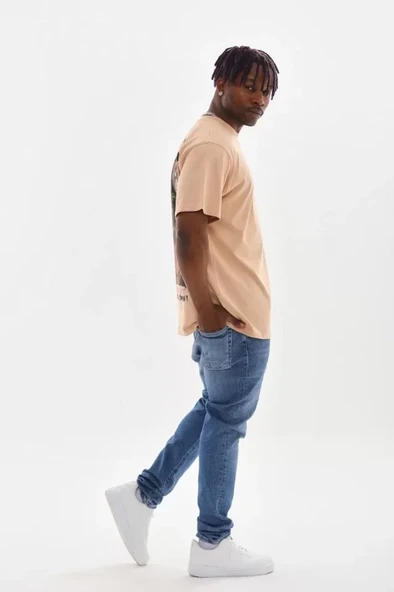 Unisex Baskılı Oversize T-Shirt - Bej - Resim 3
