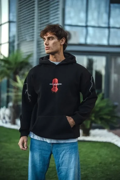 Üç İplik Kapüşonlu Baskılı Oversize SweatShirt- Siyah - Resim 3