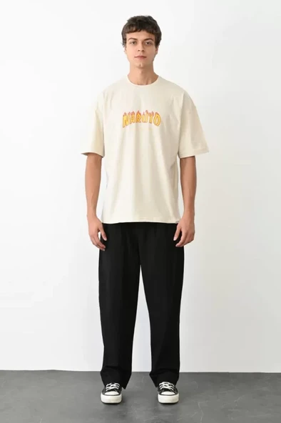 Unisex Bisiklet Yaka Baskılı Oversize T-Shirt - Beyaz ürün görseli 1