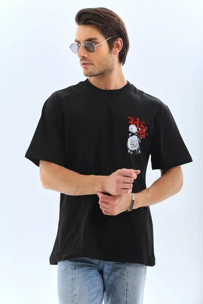 Unisex Oversize Baskılı Bisiklet Yaka T-Shirt - Siyah ürün görseli 1