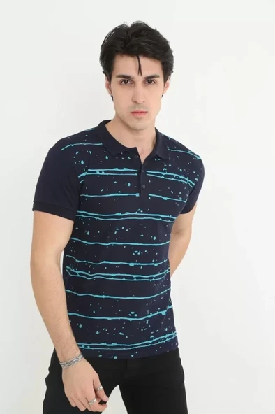 Erkek Yakalı Slim Fit Pike Çizgili T-Shirt - Lacivert ürün görseli 1