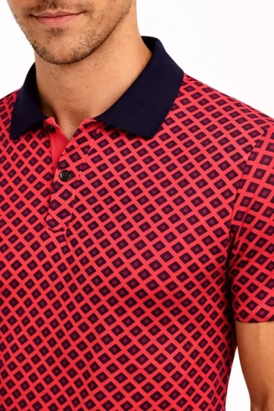 Erkek Pike Kumaş Polo Yaka Desenli Tişört Kısa Kol Yazlık T-Shirt - Kırmızı ürün görseli 1