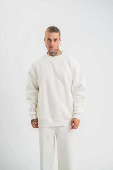 Uzun Kol Bisiklet Yaka Basic SweatShirt - Beyaz ürün görseli 1