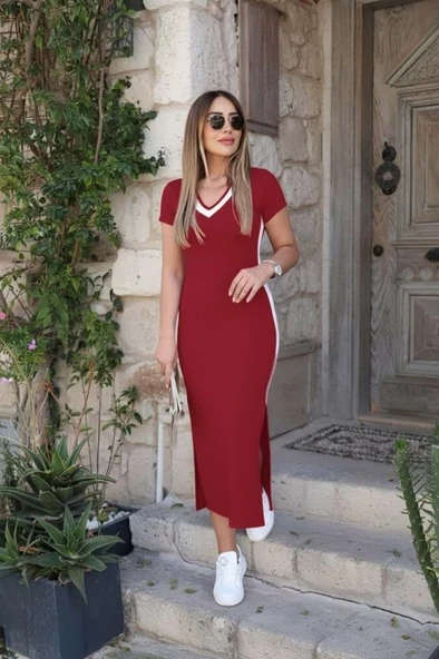 Kadın Kısa Kollu V Yakalı Yandan şerit Ve Yırtmaçlı Viskon Uzun Elbise ürün görseli 1