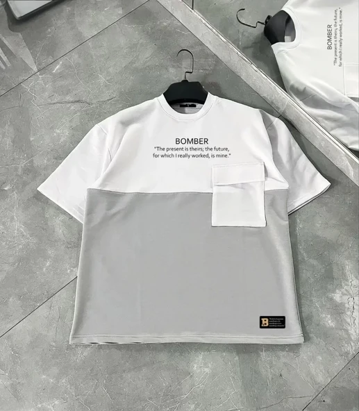 Unisex Torba Cep Detaylı  Parçalı T-Shirt - Gri ürün görseli 1