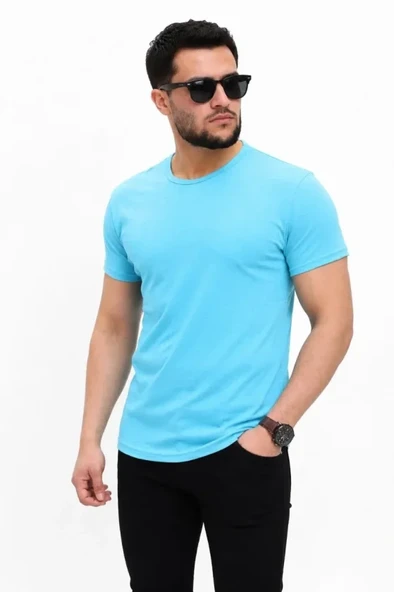 Erkek Basic Tişört Bisiklet Yaka Kısa Kol Günlük Yazlık Slim Fit T-Shirt - Açık Mavi ürün görseli 1
