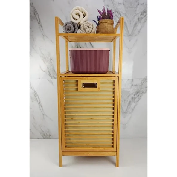 2 Organizer Raflı Ahşap Bambu Çek-Aç Kirli Sepeti - Resim 3