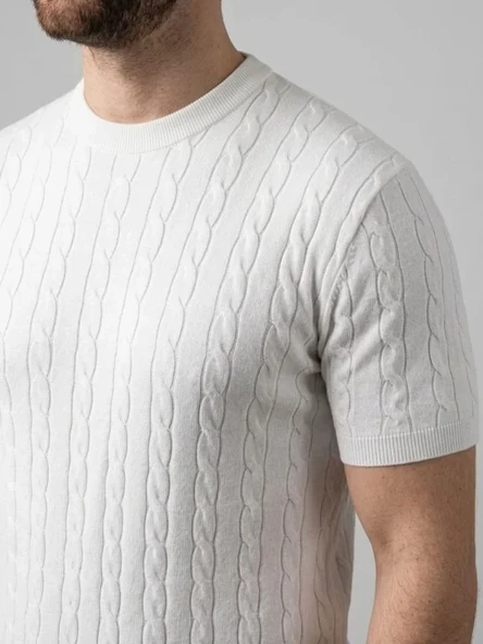Erkek Yazlık Triko Dokuma Tişört Kısa Kol Bisiklet Yaka Örgü Desenli T-Shirt - Beyaz ürün görseli 1