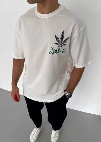 Unisex Bisiklet Yaka Baskılı Oversize T-Shirt - Beyaz ürün görseli 1