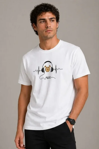 Erkek Müzik Temalı Baskılı Tişört Bisiklet Yaka Kısa Kol T-Shirt - Beyaz ürün görseli 1