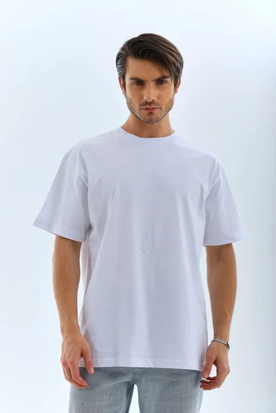 Unisex Oversize Düz Bisiklet Yaka T-Shirt - Beyaz ürün görseli 1