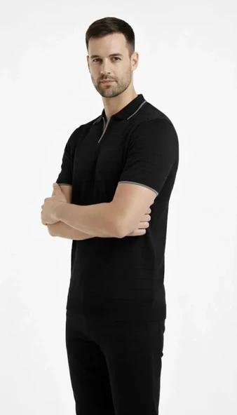 Erkek Triko Kumaş Yakalı Düğmesiz Açık Yaka Fitilli Kısa Kollu Regular Fit Tişört T-shirt - Siyah ürün görseli 1