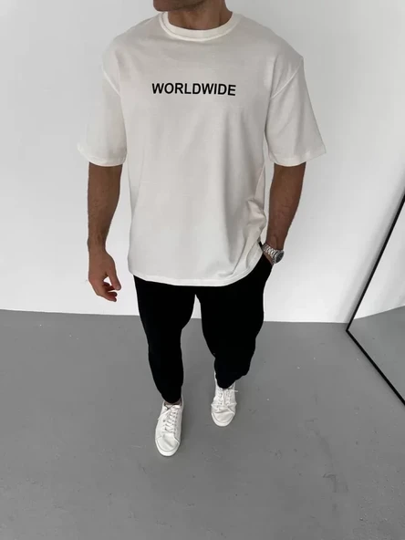 Unisex Bisiklet Yaka Baskılı Oversize T-Shirt - Beyaz ürün görseli 1