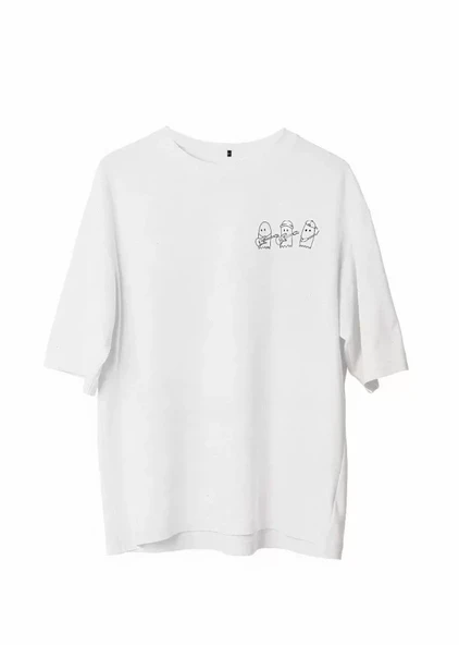 Unisex Bisiklet Yaka Baskılı Oversize T-Shirt - Beyaz ürün görseli 1