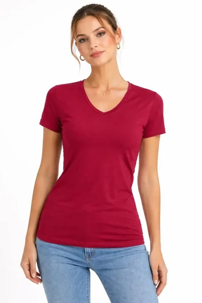 T-Shirt V Yaka Slim Fit Likralı Tişört Günlük Basic Body - Bordo ürün görseli 1