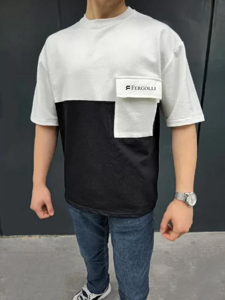 Unisex Torba Cep Detaylı  Parçalı T-Shirt - Siyah ürün görseli 1