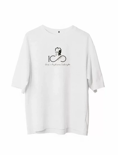 Unisex Bisiklet Yaka Baskılı Oversize T-Shirt - Beyaz ürün görseli 1