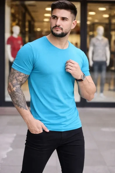 Erkek T-Shirt Bisiklet Yaka Slim Fit Dar Kesim Likralı Tişört Günlük Basic Body - Açık Mavi ürün görseli 1
