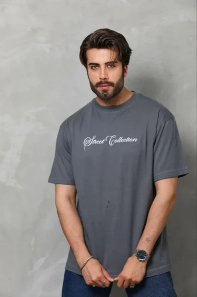 Erkek Baskılı T-Shirt Kısa Kol Bisiklet Yaka Regular Fit Rahat Kalıp Günlük Tişört - Füme ürün görseli 1