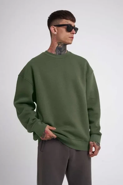 Unisex Biskilet Yaka Üç İplik SweatShirt - Haki ürün görseli 1