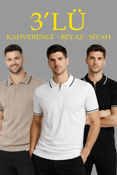 Erkek 3’lü Paket Dokuma Triko  Fermuarlı Yakalı Fitilli Kısa Kollu Regular Fit Tişört - Kahverengi, Beyaz, Siyah ürün görseli 1