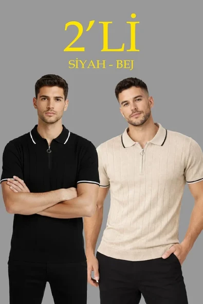 Erkek 2’li Paket Dokuma Triko  Fermuarlı Yakalı Fitilli Kısa Kollu Regular Fit Tişört - Bej - Siyah ürün görseli 1
