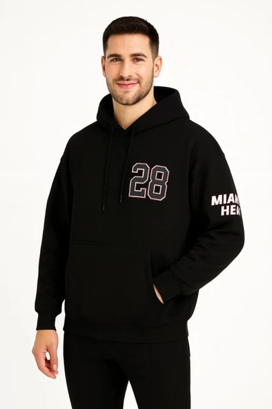 Üç İplik Kapüşonlu Ön Ve Arka Baskılı SweatShirt Hoodie - Siyah ürün görseli 1