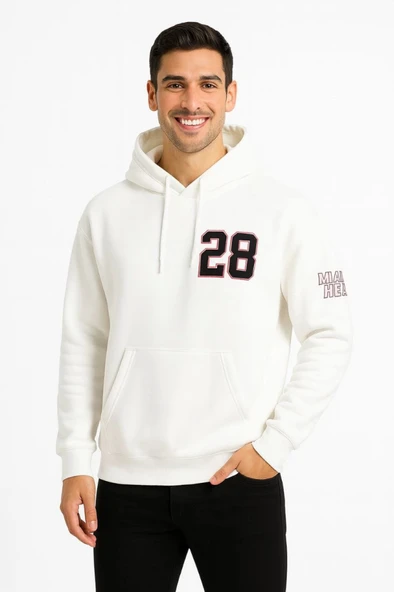Üç İplik Kapüşonlu Ön Ve Arka Baskılı SweatShirt Hoodie - Beyaz ürün görseli 1