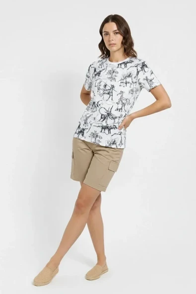 Beyaz Dinozor Desenli Tişört – Regular Kalıp, Bisiklet Yaka, Dijital Baskılı Pamuklu T-Shirt - Beyaz ürün görseli 1