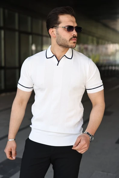 Erkek Dokulu Desen Yakalı Kısa Kollu Tişört ürün görseli 1