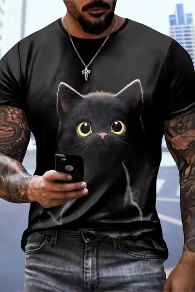 Erkek Bisiklet Yaka Kedi Baskılı Süprem T-shirt ürün görseli 1