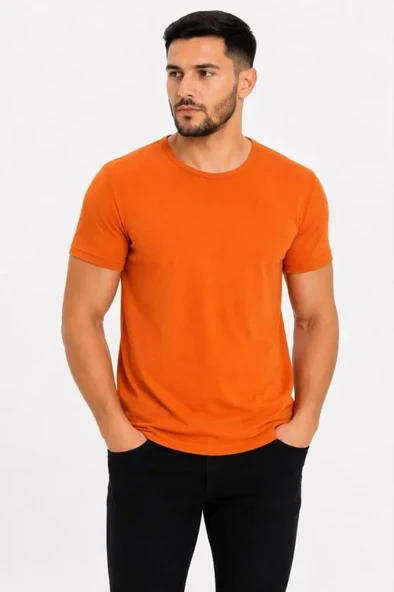 Erkek Basic Tişört Bisiklet Yaka Kısa Kol Günlük Yazlık Slim Fit T-Shirt - Turuncu ürün görseli 1