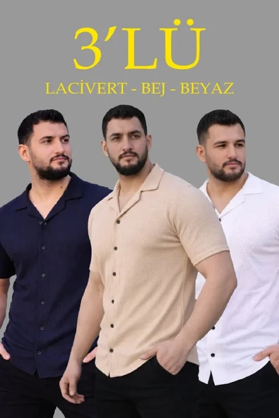 Erkek Waffle Dokuma Açık Yakalı Düğmeli Regular Kalıp 3’lü Gömlek Seti - Bej, Beyaz, Lacivert ürün görseli 1