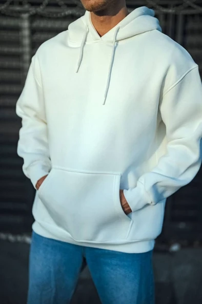Üç İplik Penye Kapşonlu Basic SweatShirt - Beyaz ürün görseli 1