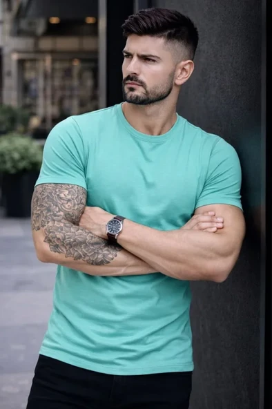 Erkek T-Shirt Bisiklet Yaka Slim Fit Dar Kesim Likralı Tişört Günlük Basic Body - Turkuvaz ürün görseli 1