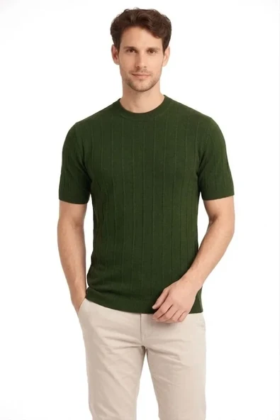 Erkek Yazlık Fitilli Triko Tişört Kısa Kol Bisiklet Yaka T-Shirt - Haki ürün görseli 1