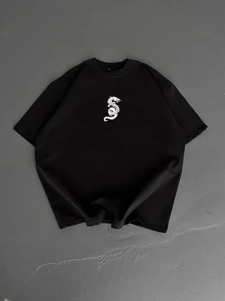 Baskılı Oversize Bisiklet Yaka T-shirt - Siyah ürün görseli 1