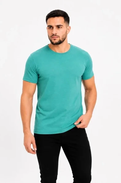 Erkek Basic Tişört Bisiklet Yaka Kısa Kol Günlük Yazlık Slim Fit T-Shirt - Su Yeşili ürün görseli 1