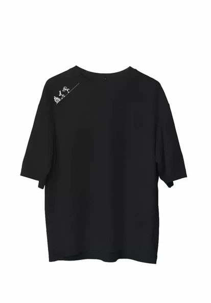 Unisex Bisiklet Yaka Baskılı Oversize T-Shirt - Siyah ürün görseli 1