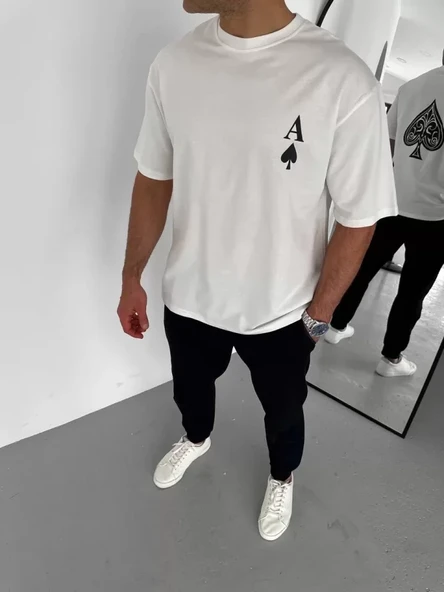 Unisex Bisiklet Yaka Baskılı Oversize T-Shirt - Beyaz ürün görseli 1