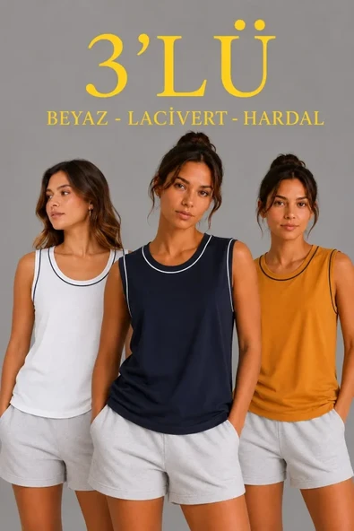 3’lü Kolsuz Sporcu Atlet Seti Yazlık Bisiklet Yakalı - Beyaz, Lacivert, Hardal ürün görseli 1